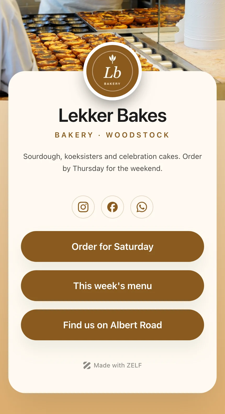 A ZELF page for the fictional bakery Lekker Bakes, used as the page behind a client profile link.